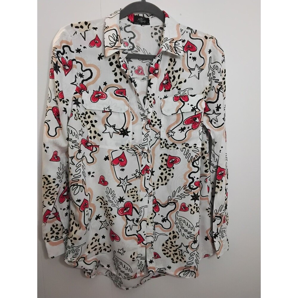 Milk & Honey All Over Hearts Print  Long Sleeve Button down Blouse Size Medium
